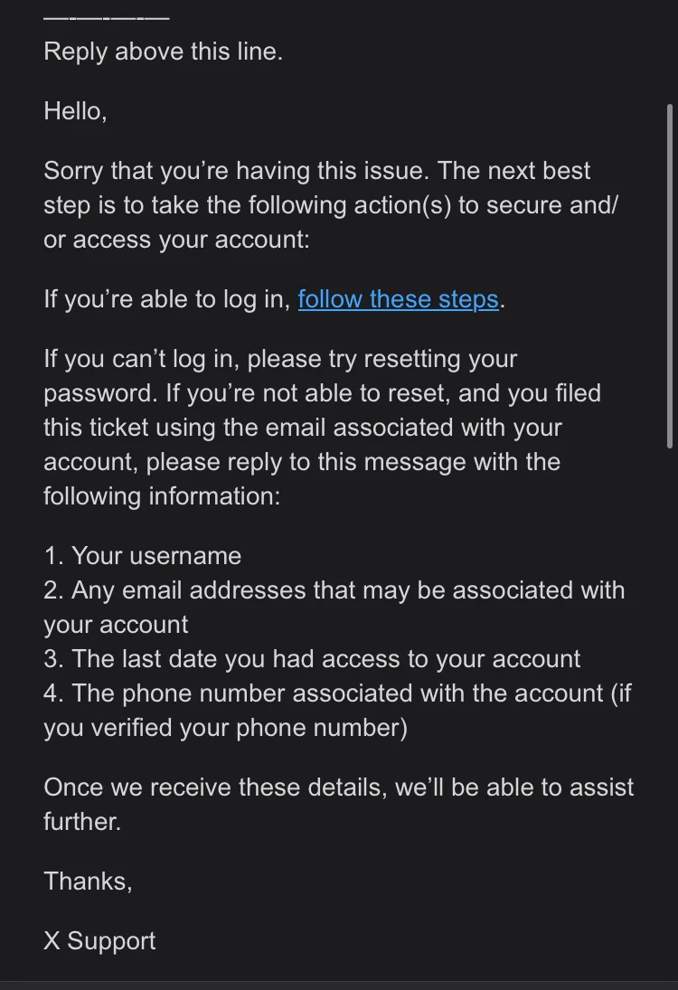 X アカウントを乗っ取られた際に サポートフォームからの返事が即答