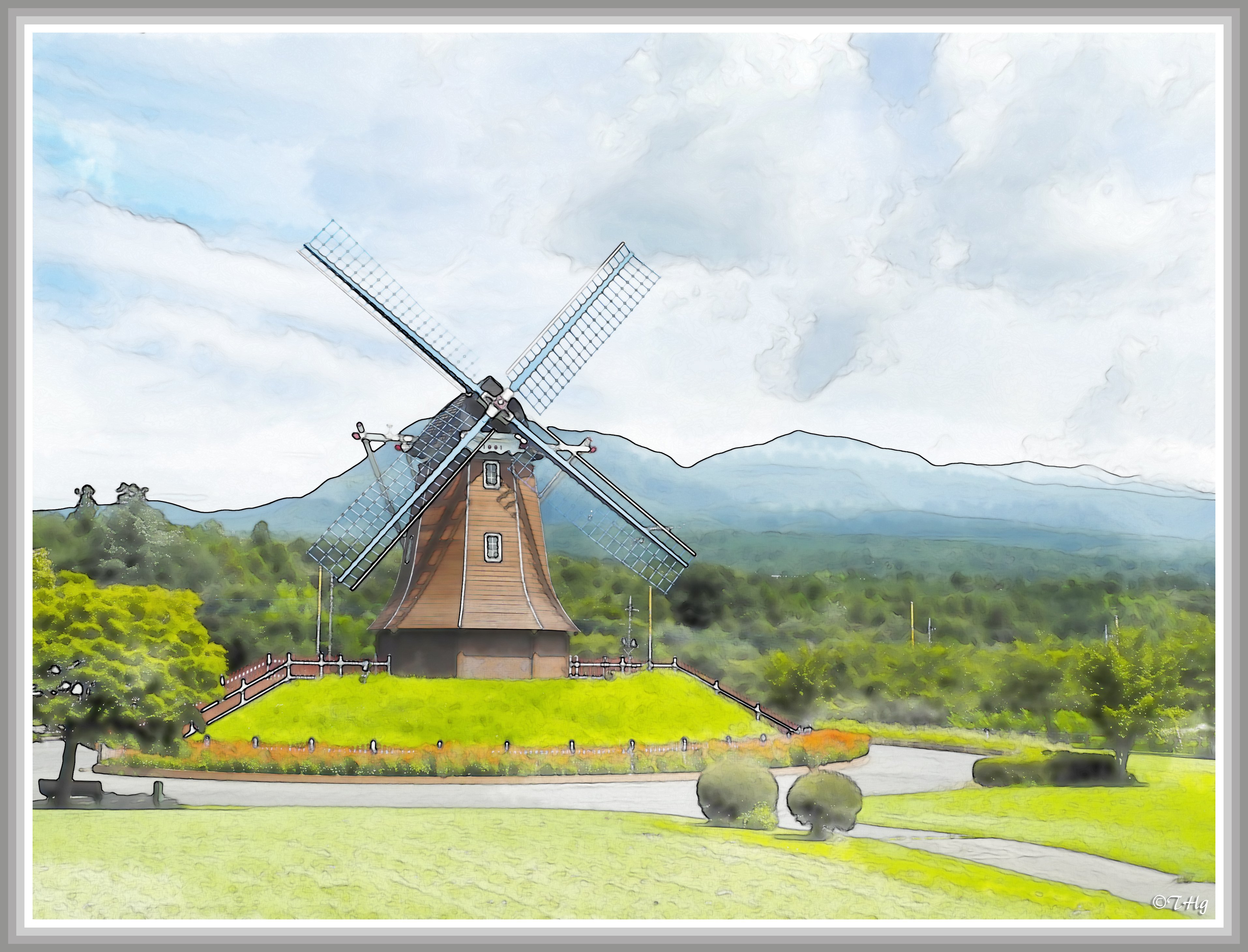 風車のある風景（水彩画風）｜taka