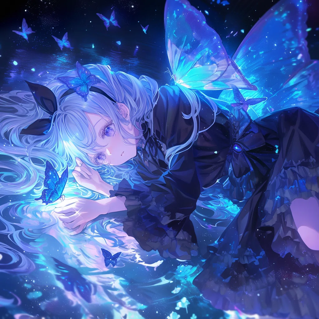 【真作】版画　シルクスクリーン　蒼の花園　幻想的ブルーの花々と蝶　Y47 青の幻想 ― AIイラストチャレンジ『蝶とプリンセス』｜スイ