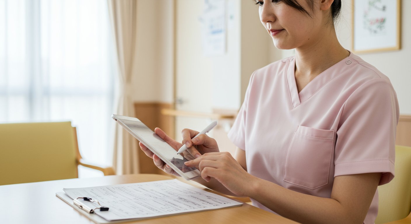 タブレットを使って介護記録をとる職員の様子