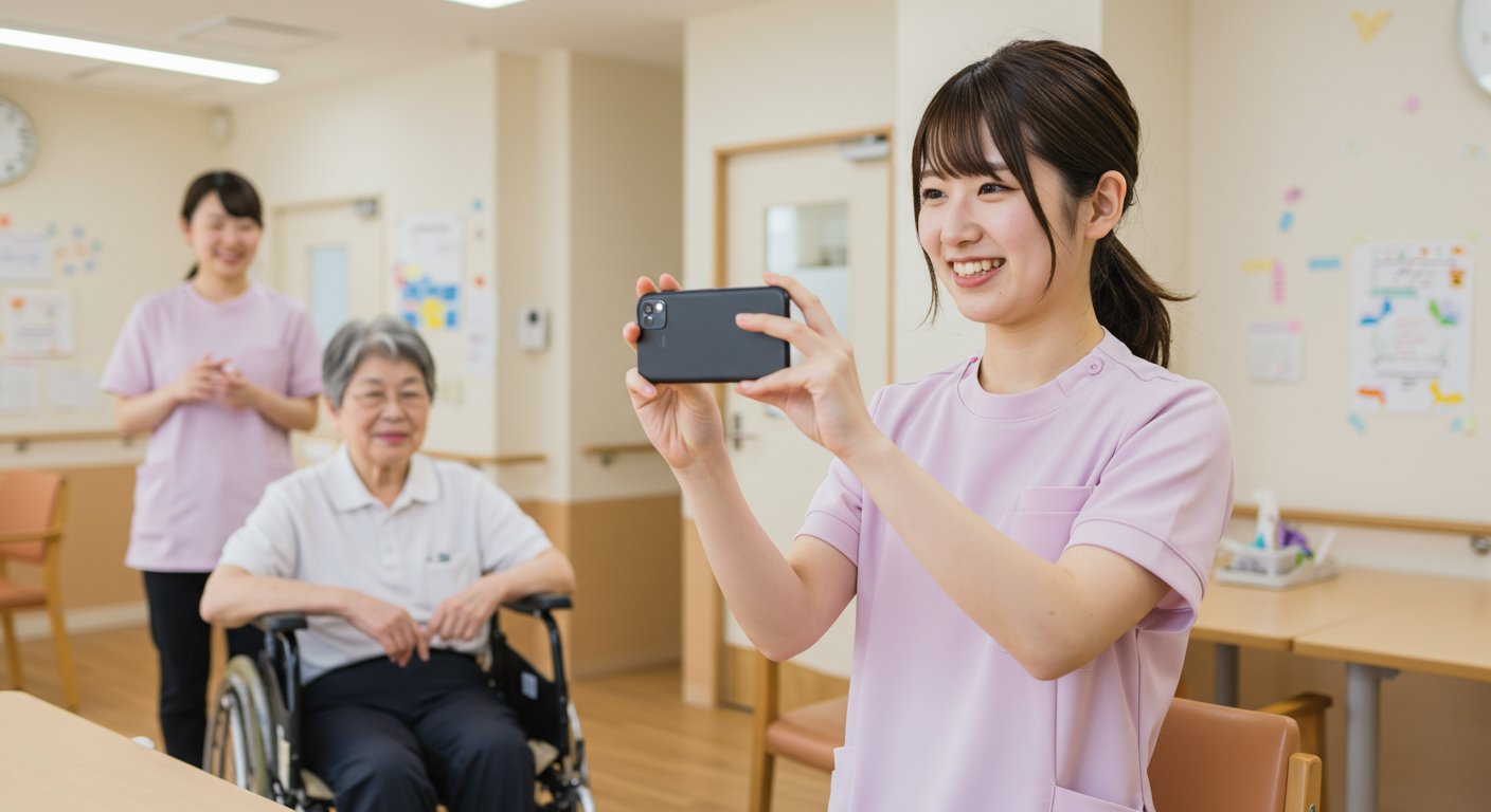 若手介護職員がスマートフォンで施設の様子を撮影している場面