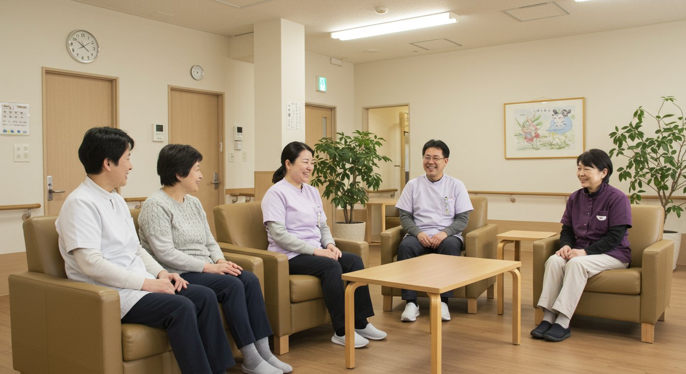 和やかな雰囲気で職員同士が話し合う介護施設の休憩室