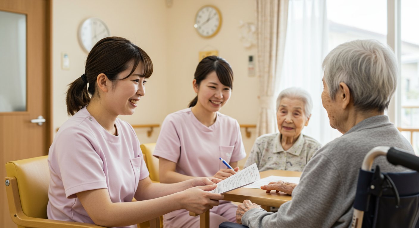 介護スタッフが利用者と笑顔で接している様子