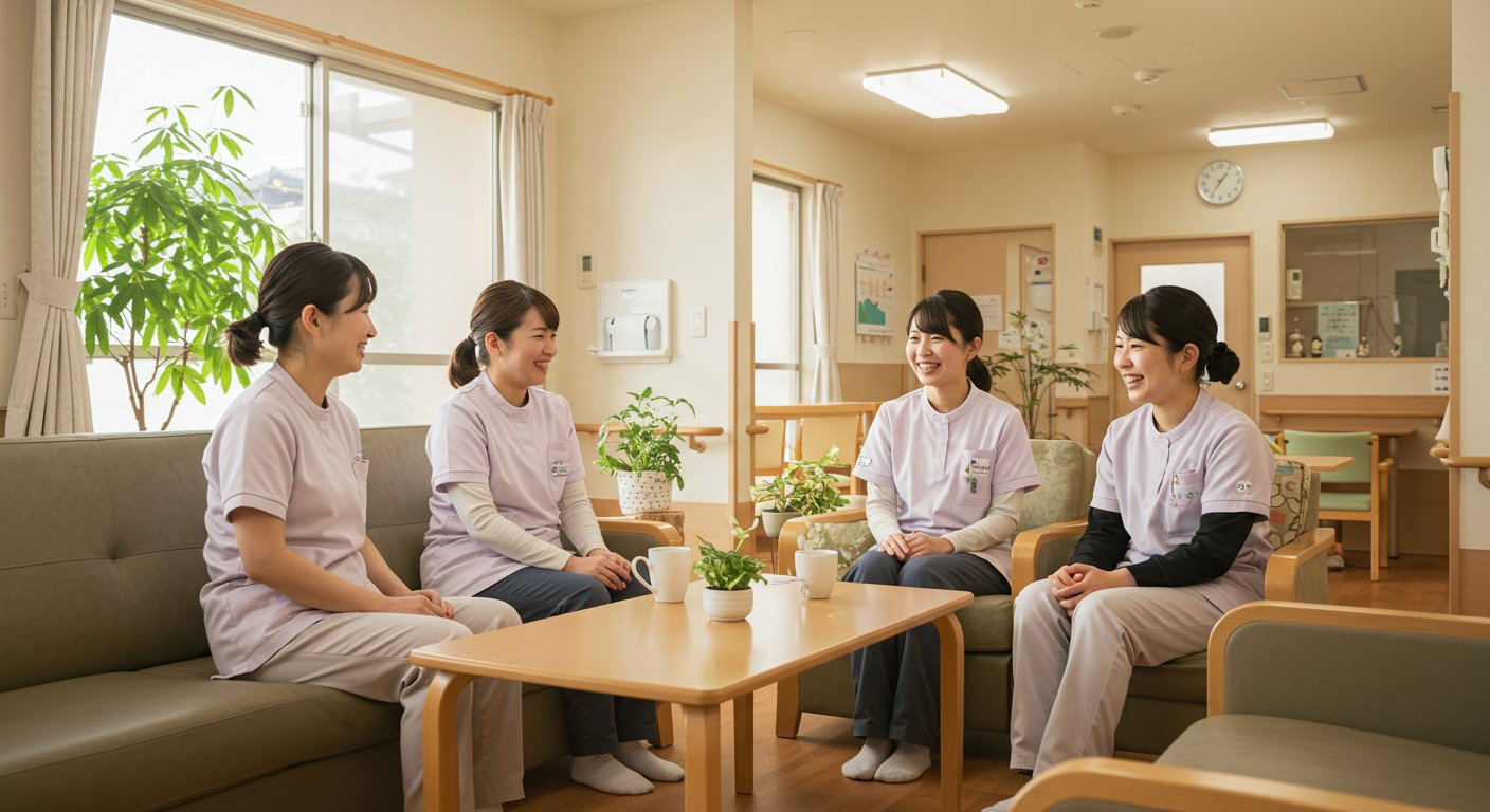 アットホームな雰囲気の介護施設で和やかに会話するスタッフたち