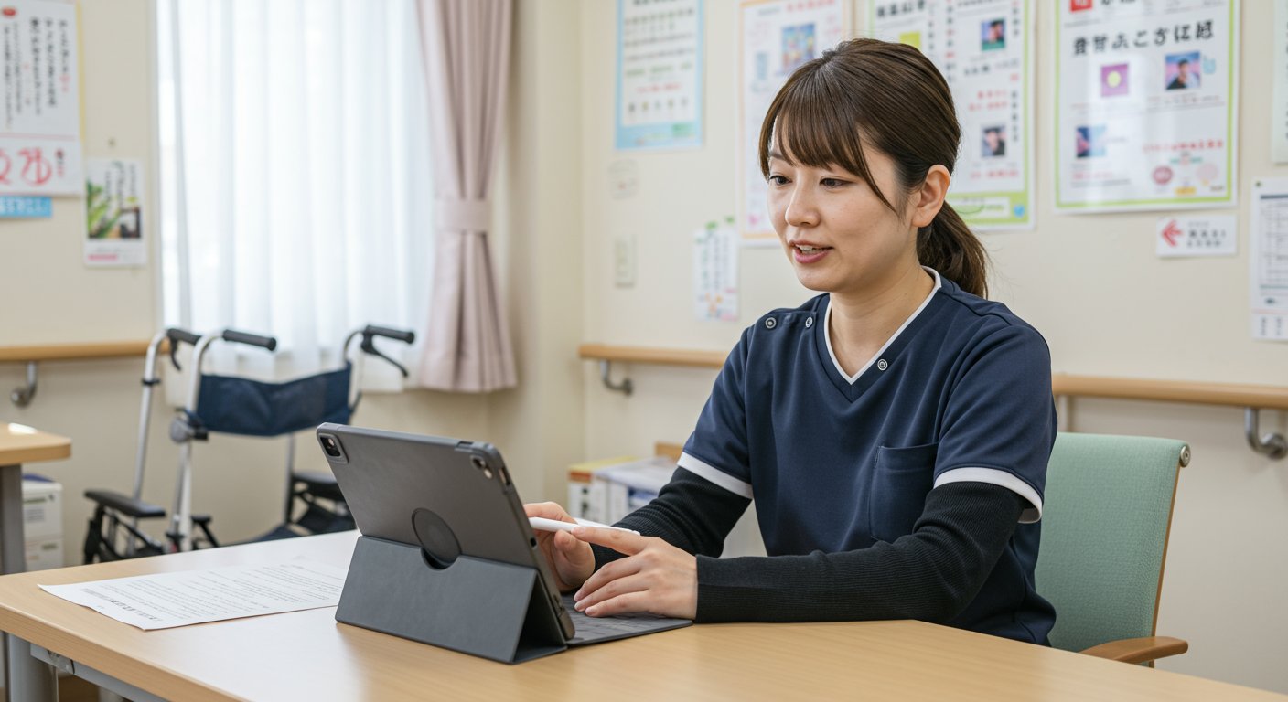 タブレットを使ってオンライン面接を行う介護施設の採用担当者