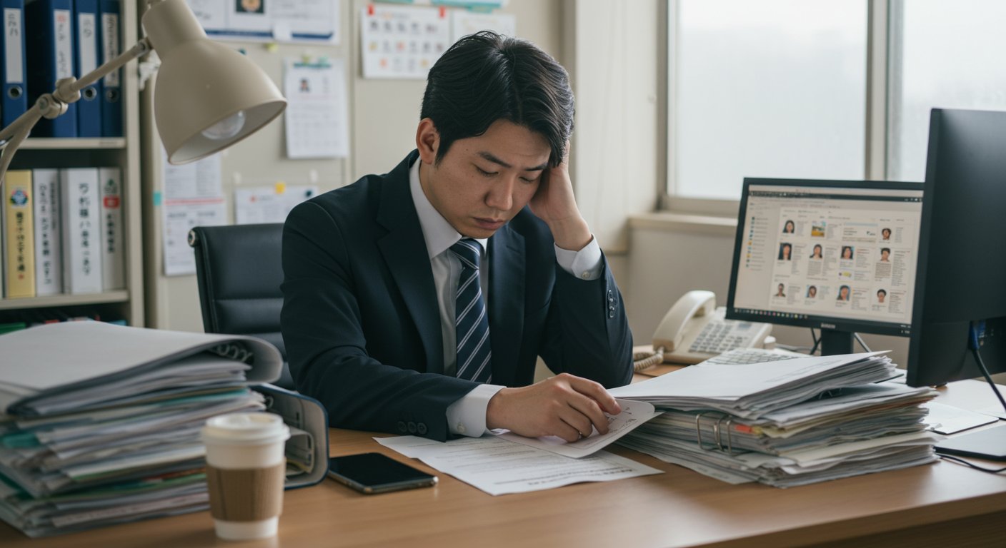 介護施設の採用担当者がデスクで疲れた表情で書類を確認している様子