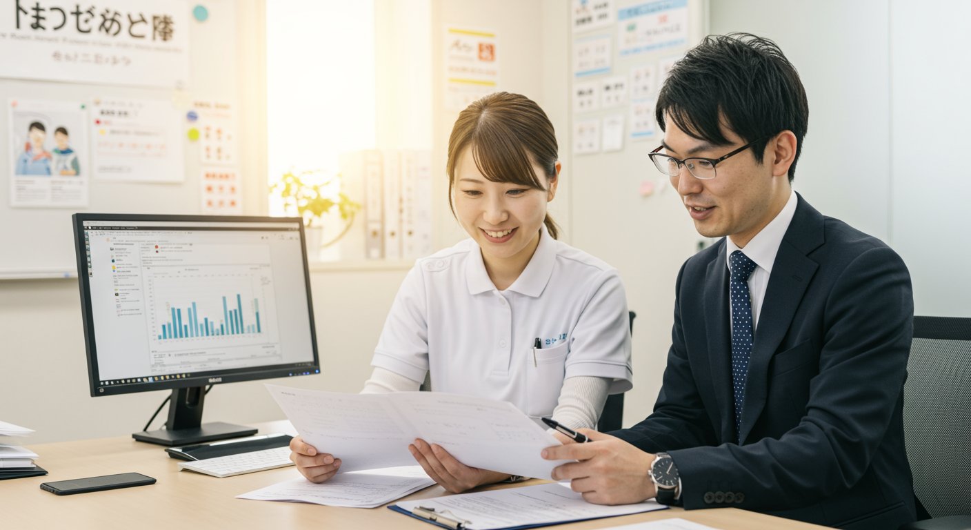 介護施設の管理者と採用コンサルタントが打ち合わせをしている様子