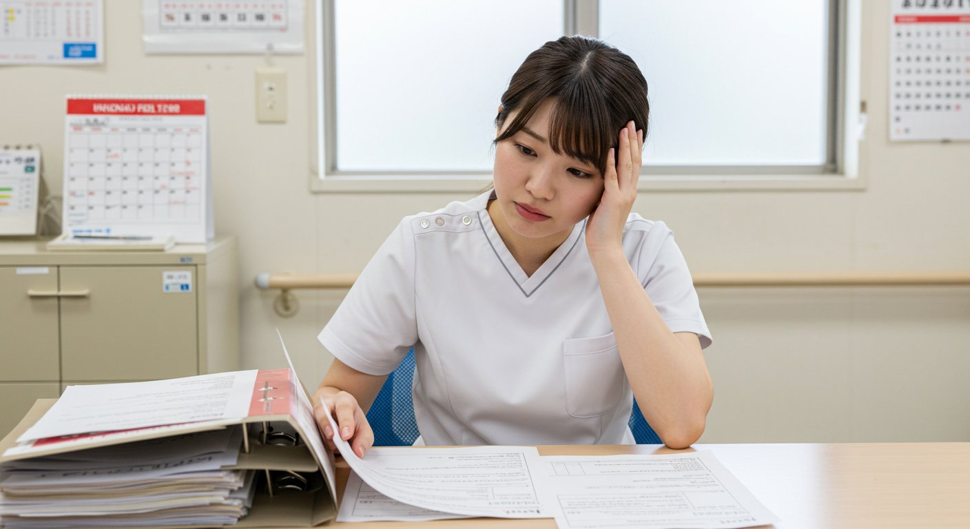 介護施設の採用担当者が頭を抱えている様子