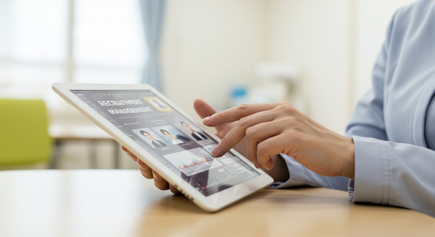 タブレットで採用管理システムを操作する介護施設管理者