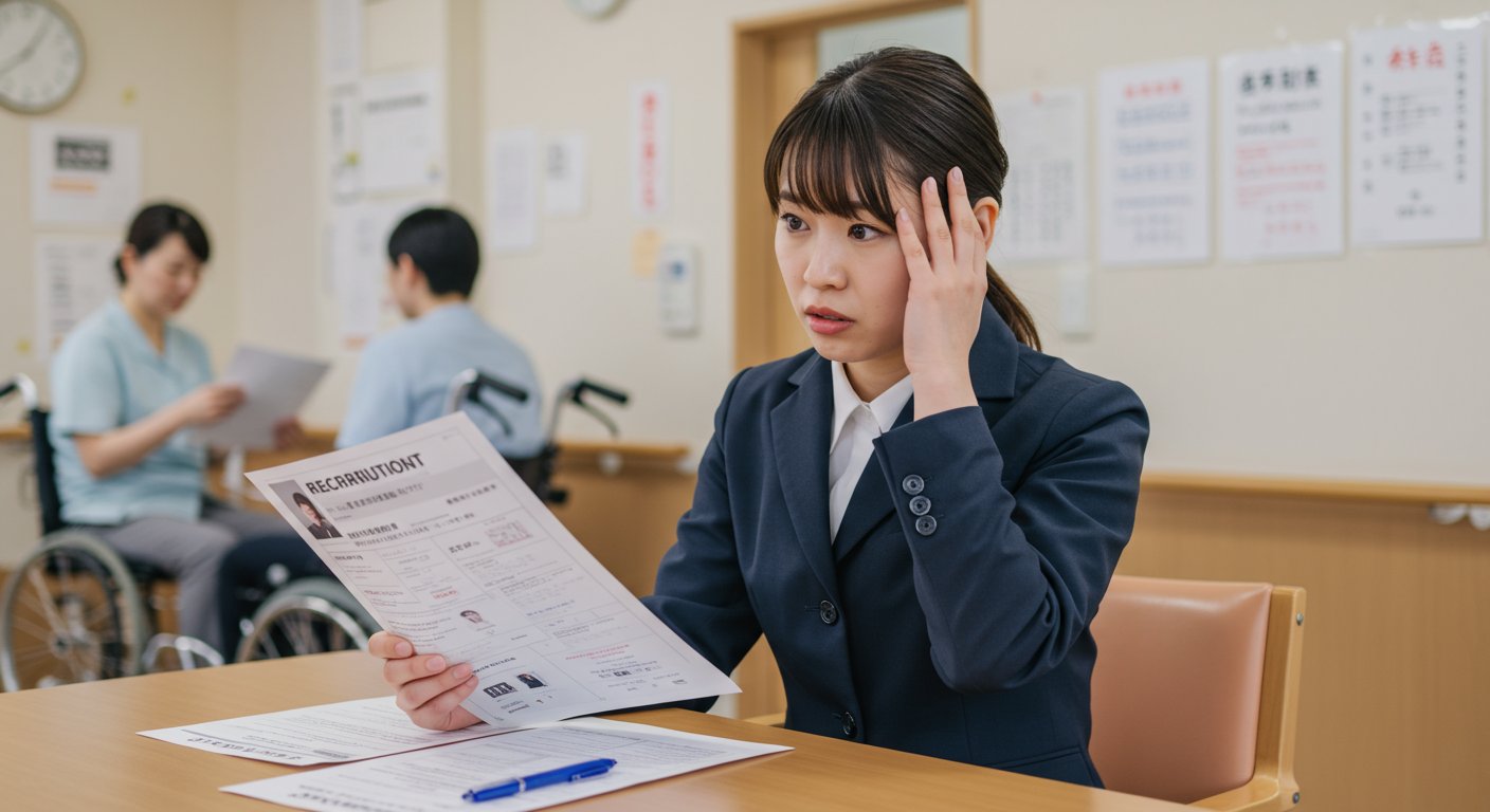 介護施設で忙しそうに働きながら応募書類を確認する採用担当者