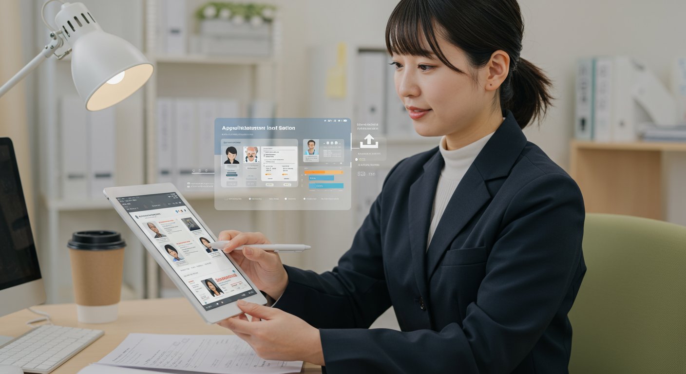 タブレットで採用管理システムを操作する介護施設の担当者