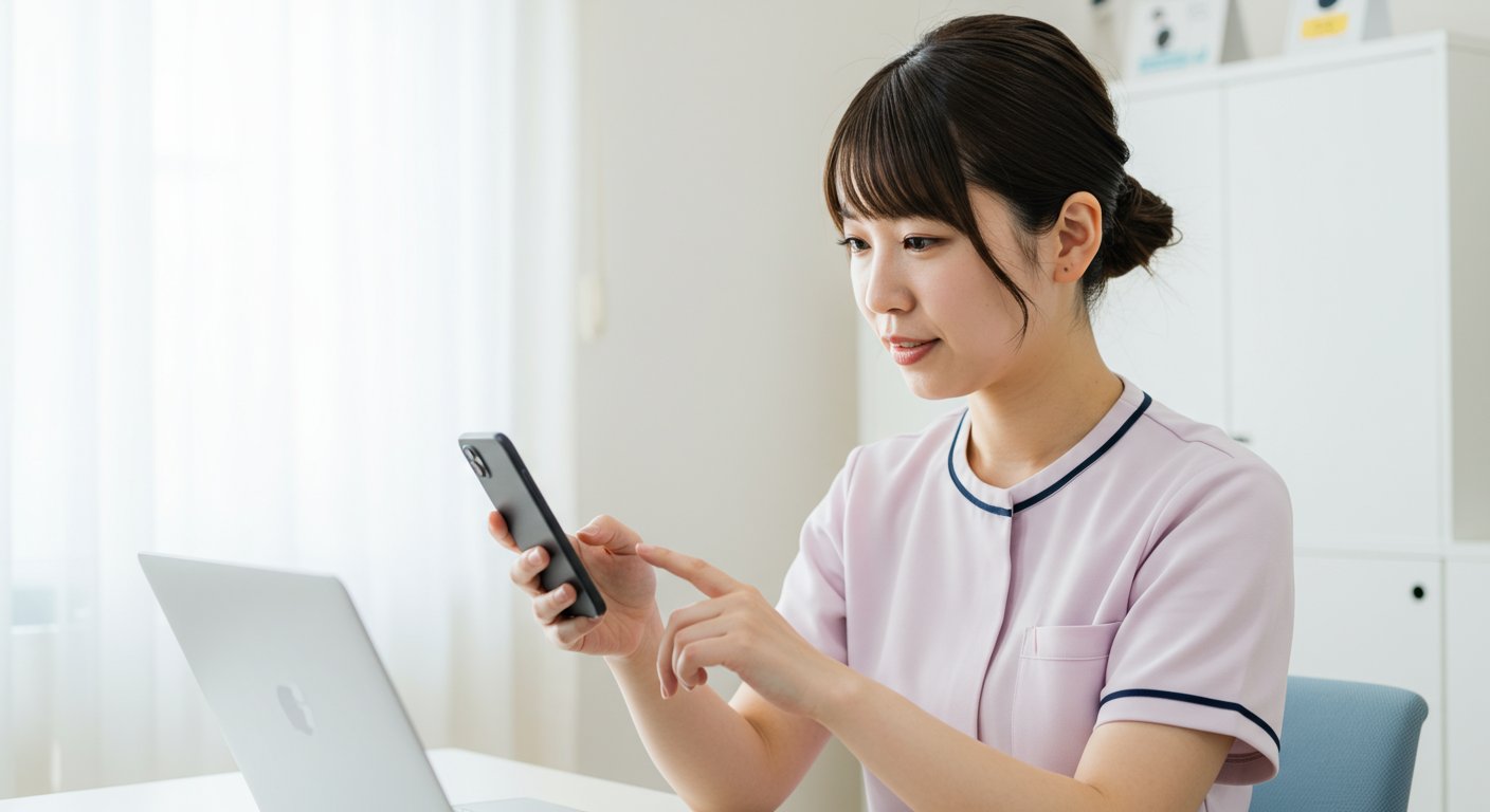 スマートフォンで応募者とメッセージをやり取りする介護施設スタッフ