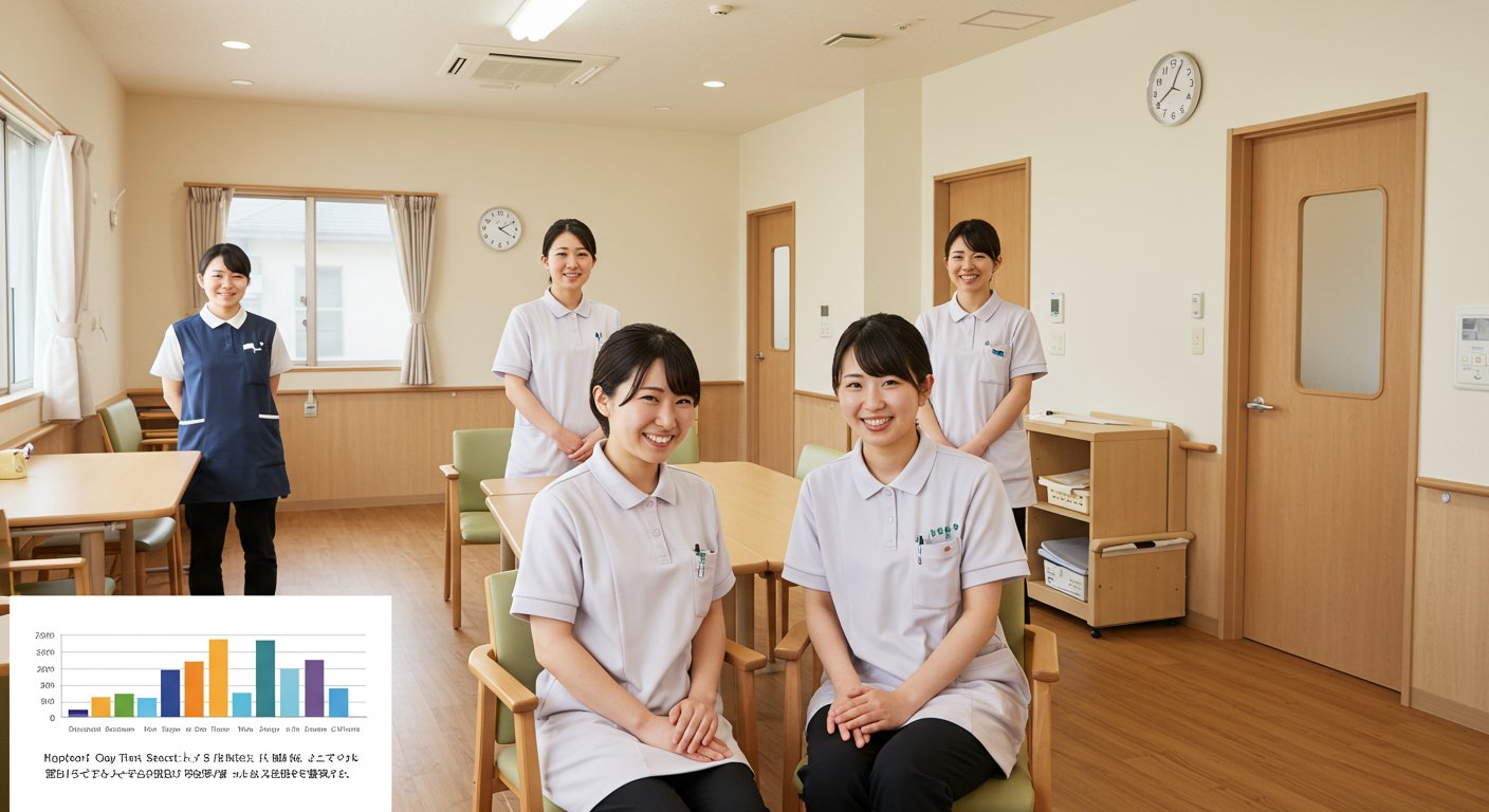 デイサービス施設の採用成功グラフと笑顔のスタッフ