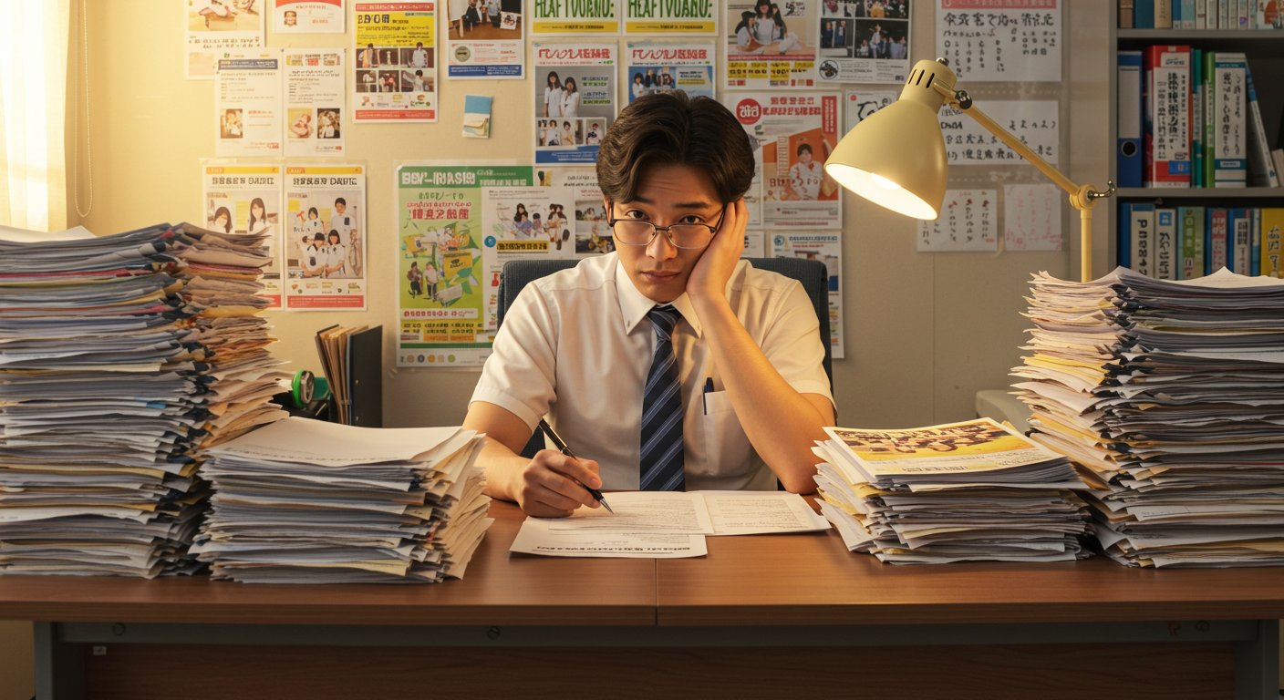介護施設の採用担当者が書類に囲まれて疲れた表情でデスクに座っている様子