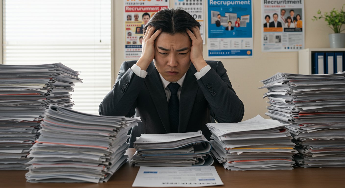 書類に囲まれて頭を抱える採用担当者
