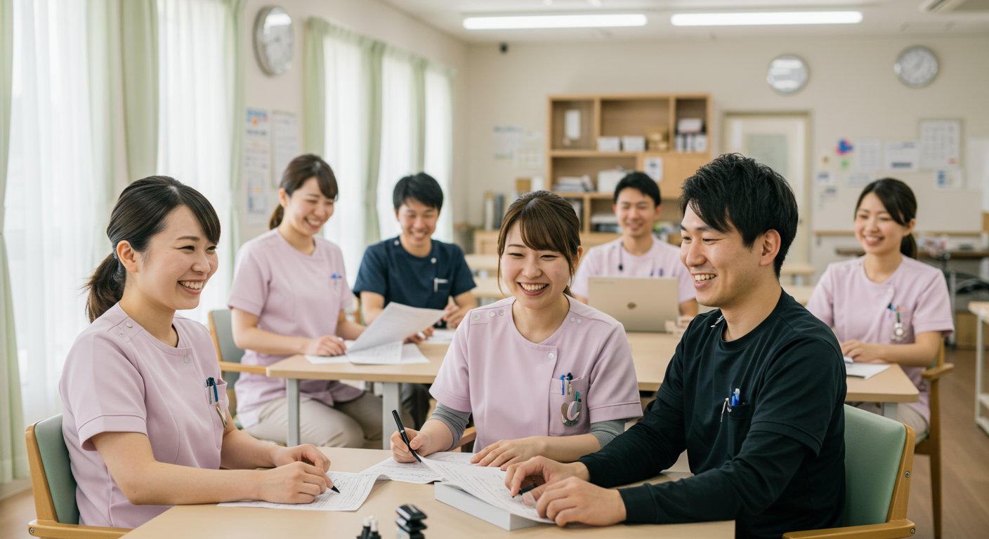 採用業務の改善によって笑顔で働く介護施設のスタッフたち
