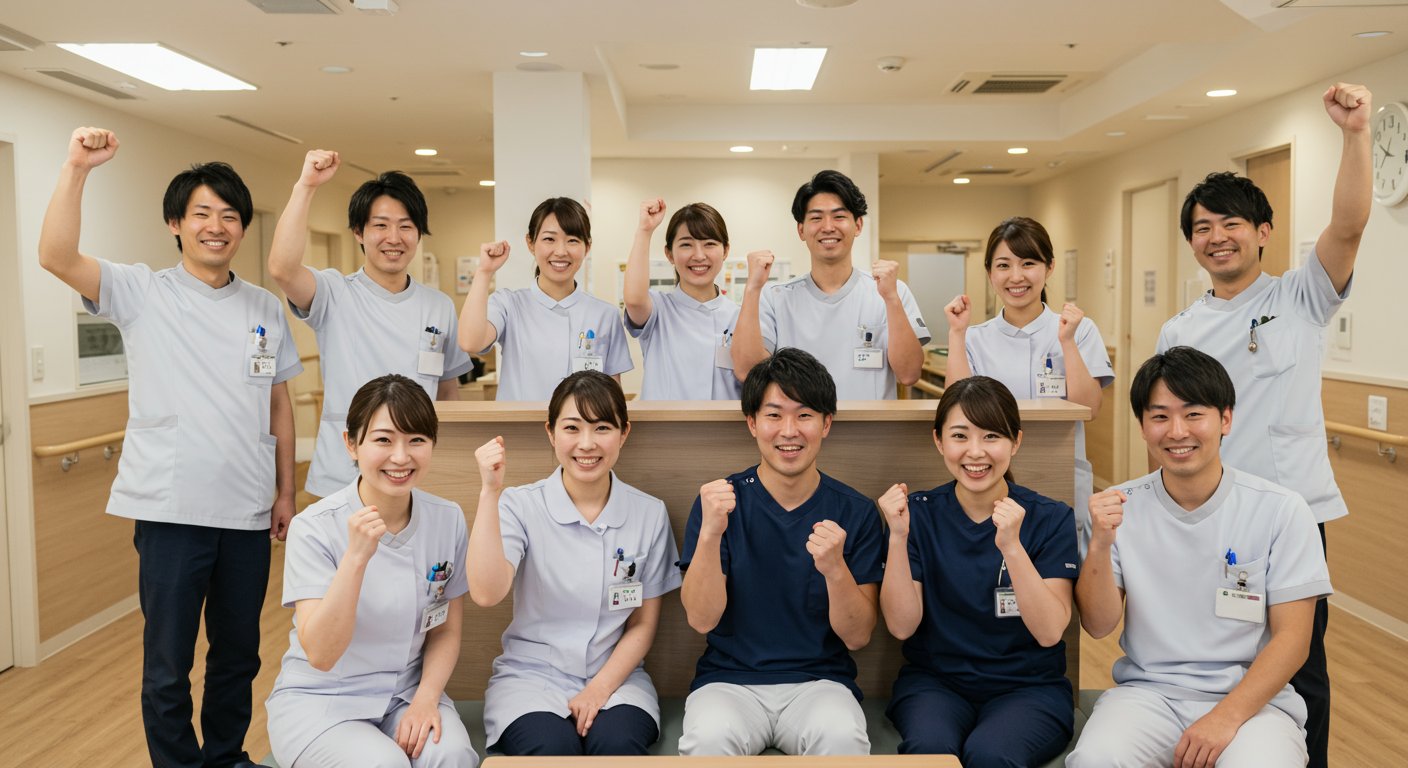チームで成功を喜ぶ介護施設のスタッフ