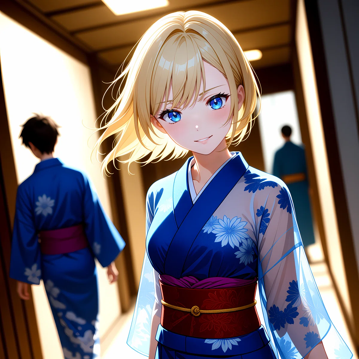 Qwen-Imageで生成したアニメイラスト。青い着物を着た女性がこちらを見つめ、背景はシンプルな設定。