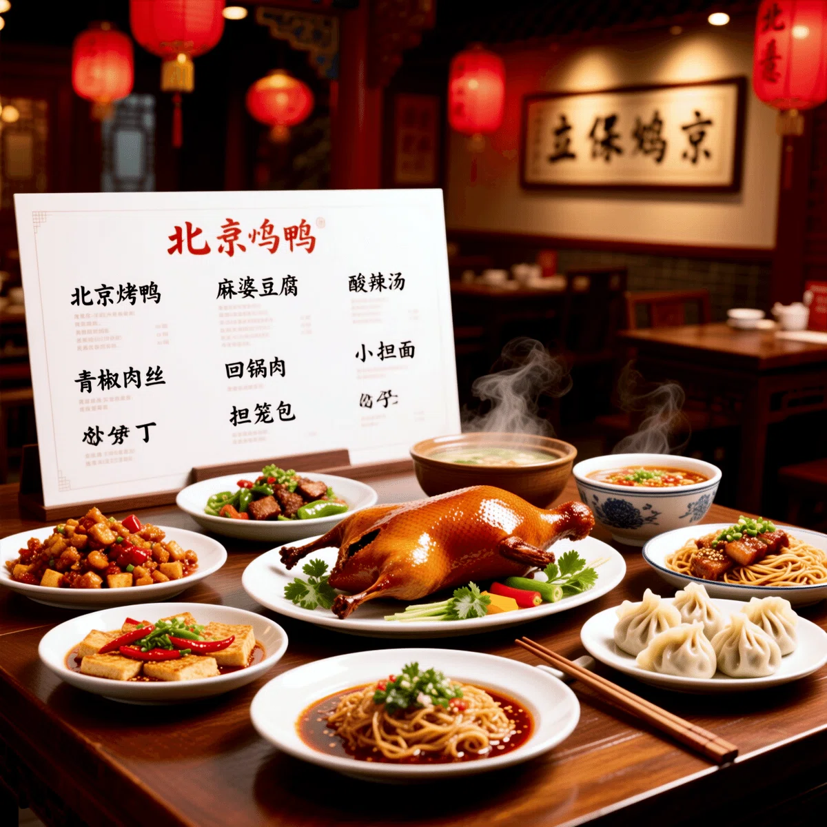 Qwen-Imageで生成した中華料理とメニューの画像。メニュー上の漢字が正確に描写されている。