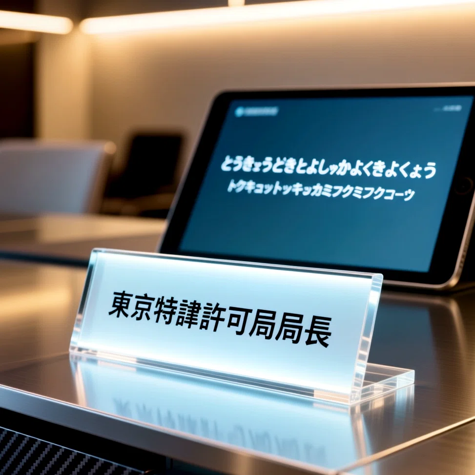 Qwen-Imageで生成した画像。金属製の机に『東京特許許可局局長』の名札とタブレットが置かれているが、ひらがなとカタカナの表記が不正確。