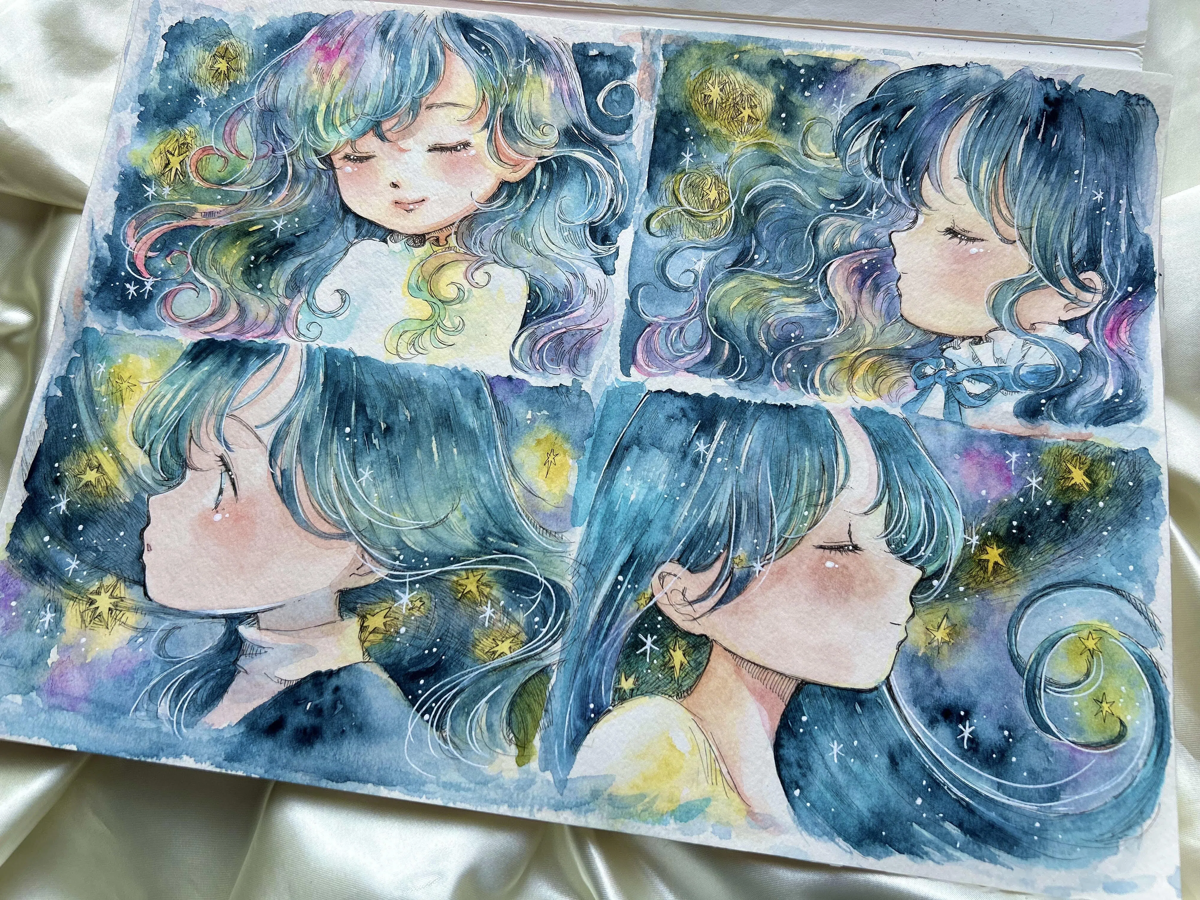 【原画】星空と牡蠣の女たち　ペン画　透明水彩　ダーク　幻想　シュルレアリスム 星と女の子。夏の制作記録｜ナギノユカ⁄水彩イラスト