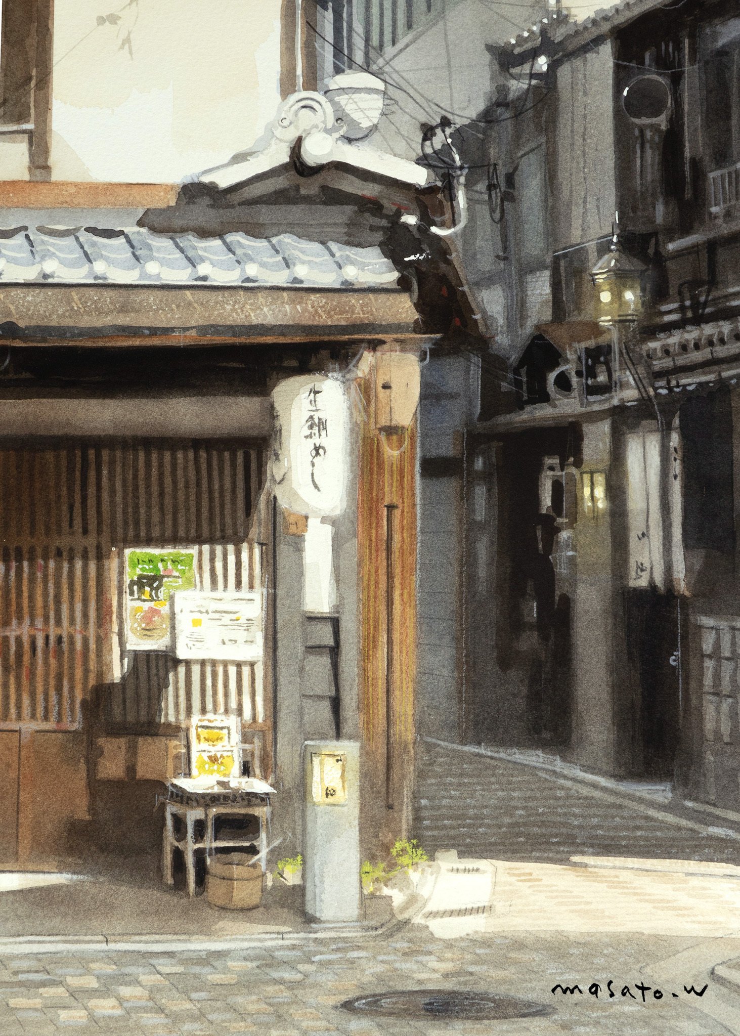 水彩画、京都風景新作2点・街角の風景/時の流れを物語る山門