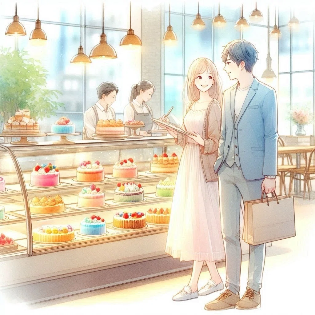 カフェ内のケーキのショーケースを見てケーキを選ぶカップル。昼間の明るい店内は都会的で天井が高く解放感がある。2人はジャケット姿の男性と、薄いピンク色のワンピースの女性