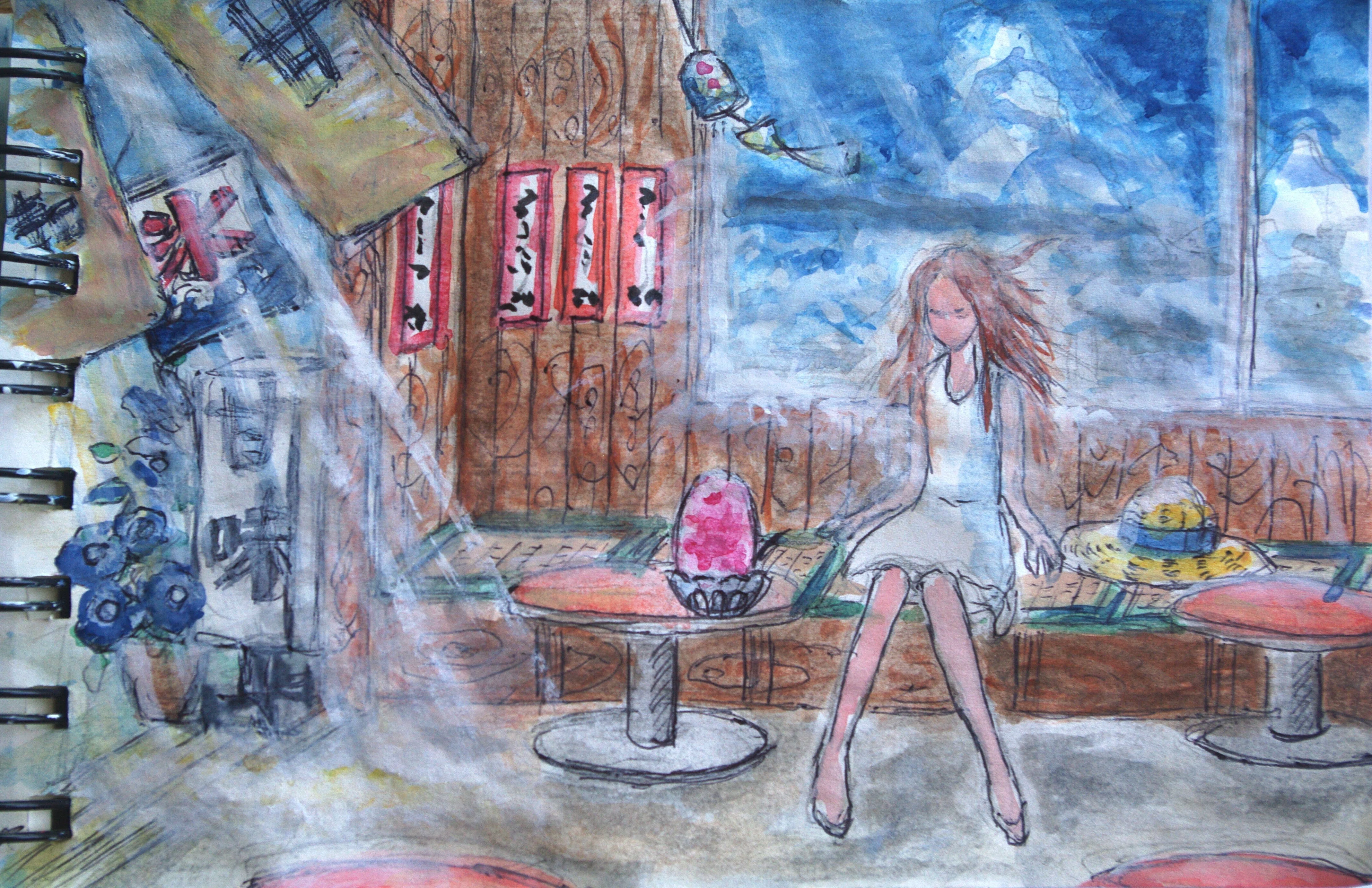 静寂な水の中の一瞬 手描きの水彩画 色紙 静寂な水の中の一瞬 手描きの