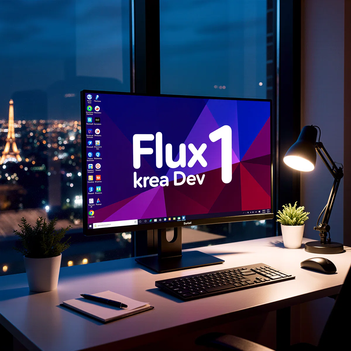 Flux.1 Krea [dev] FP16テキストエンコーダー18stepsで生成したデスクモニターイラスト