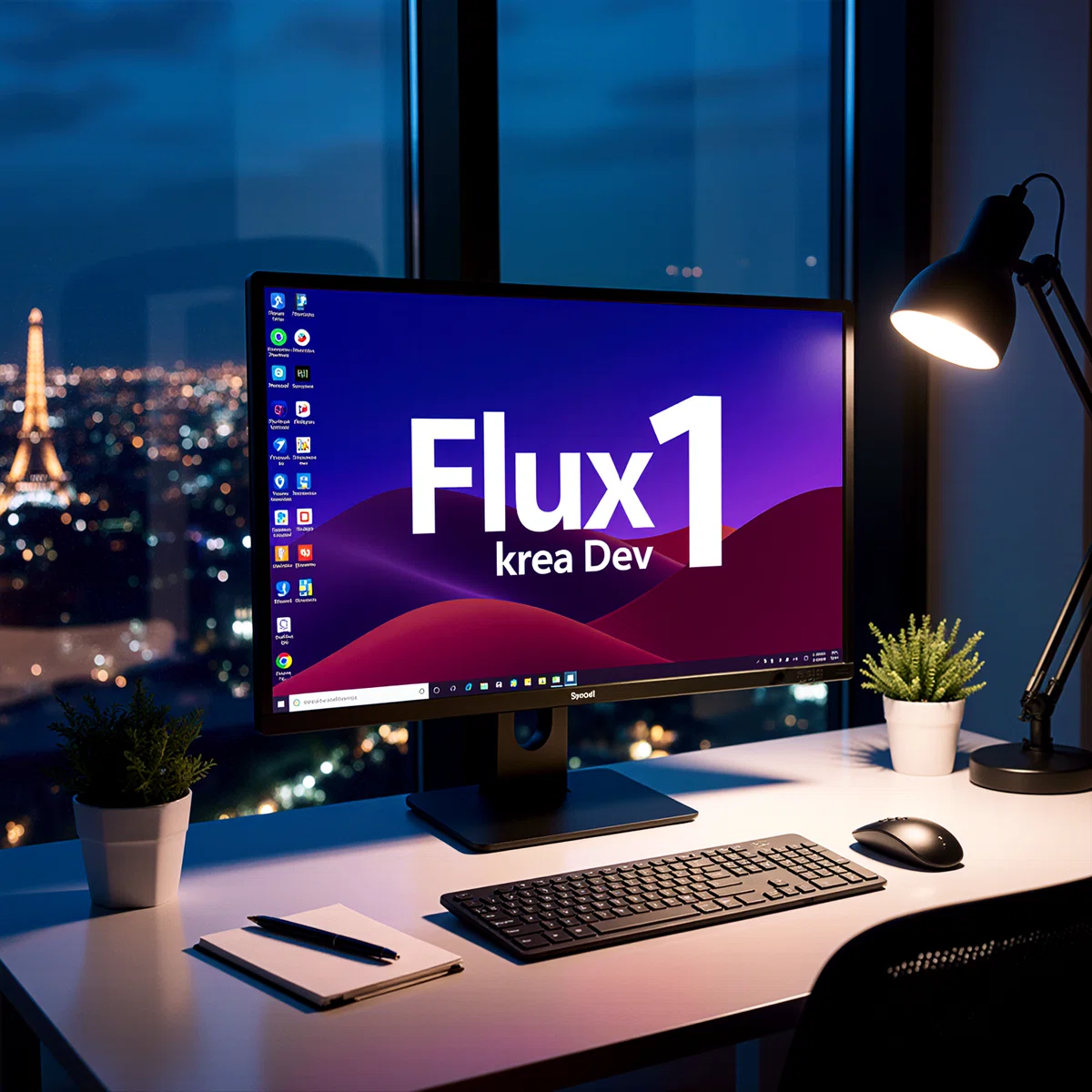 Flux.1 Krea [dev] FP32テキストエンコーダー16stepsで生成した完成したデスクモニターイラスト