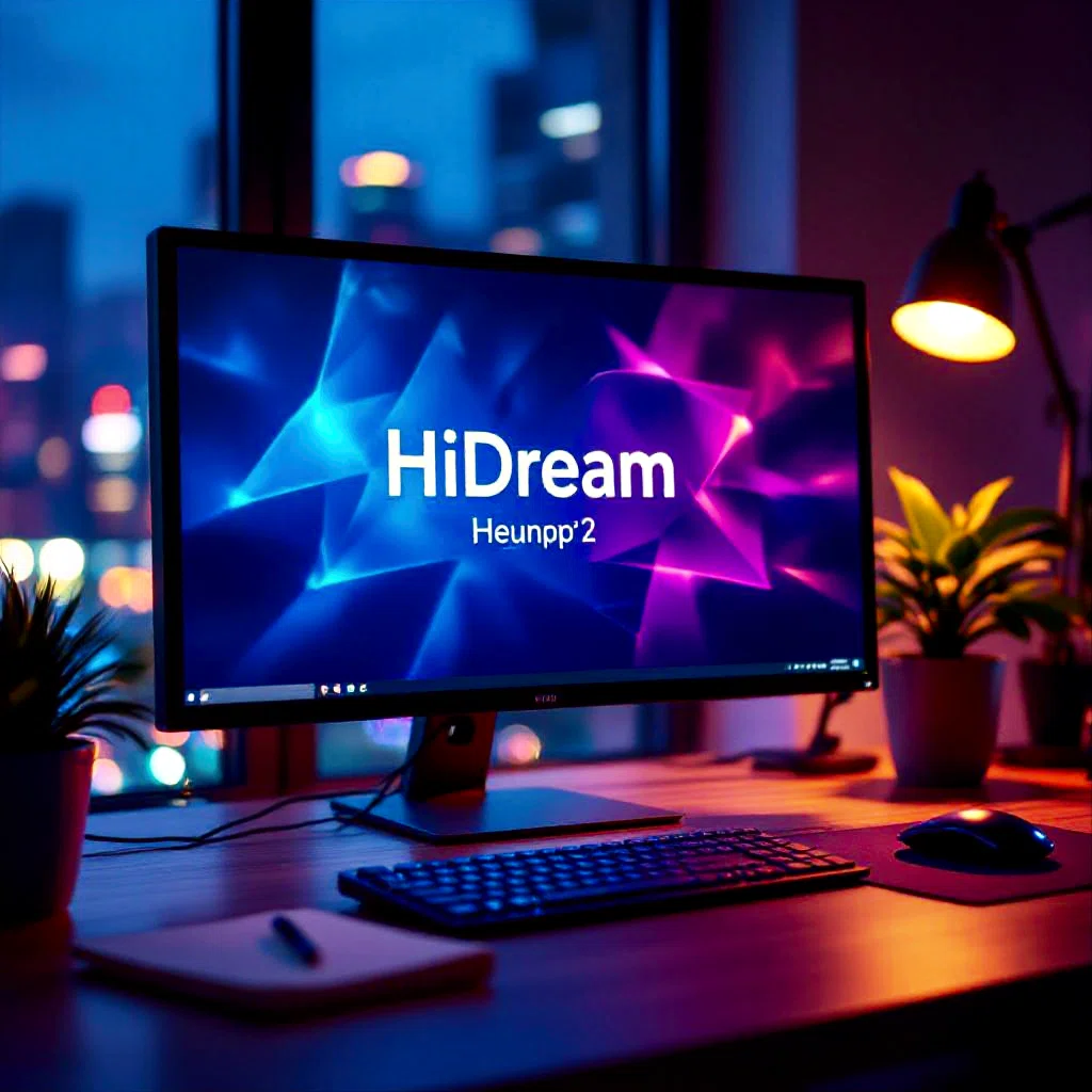 HiDreamロゴを表示したパソコンモニターの夜景イラスト