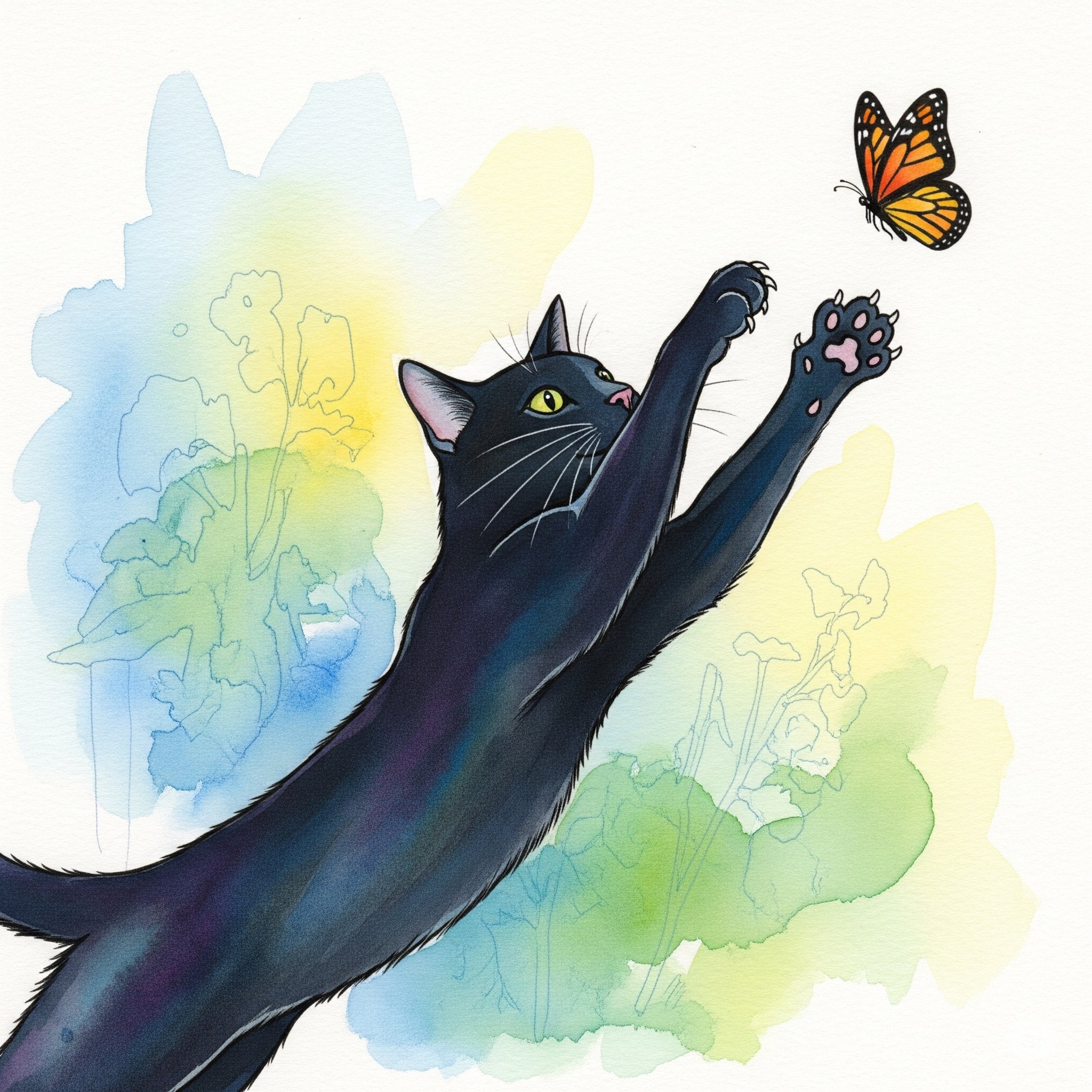 猫が蝶を追いかけるイラストをGeminiに作ってもらいました