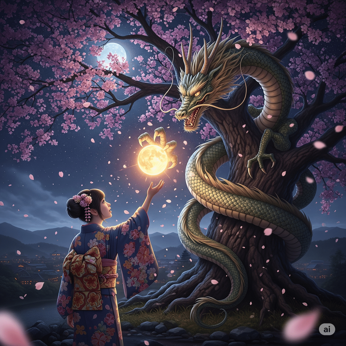 姫ページ　開運絵画　❀秘密のパワー❀龍神からの至福 桜と龍神の契約[画像・動画]｜双子のドラ猫@つくりびとAI