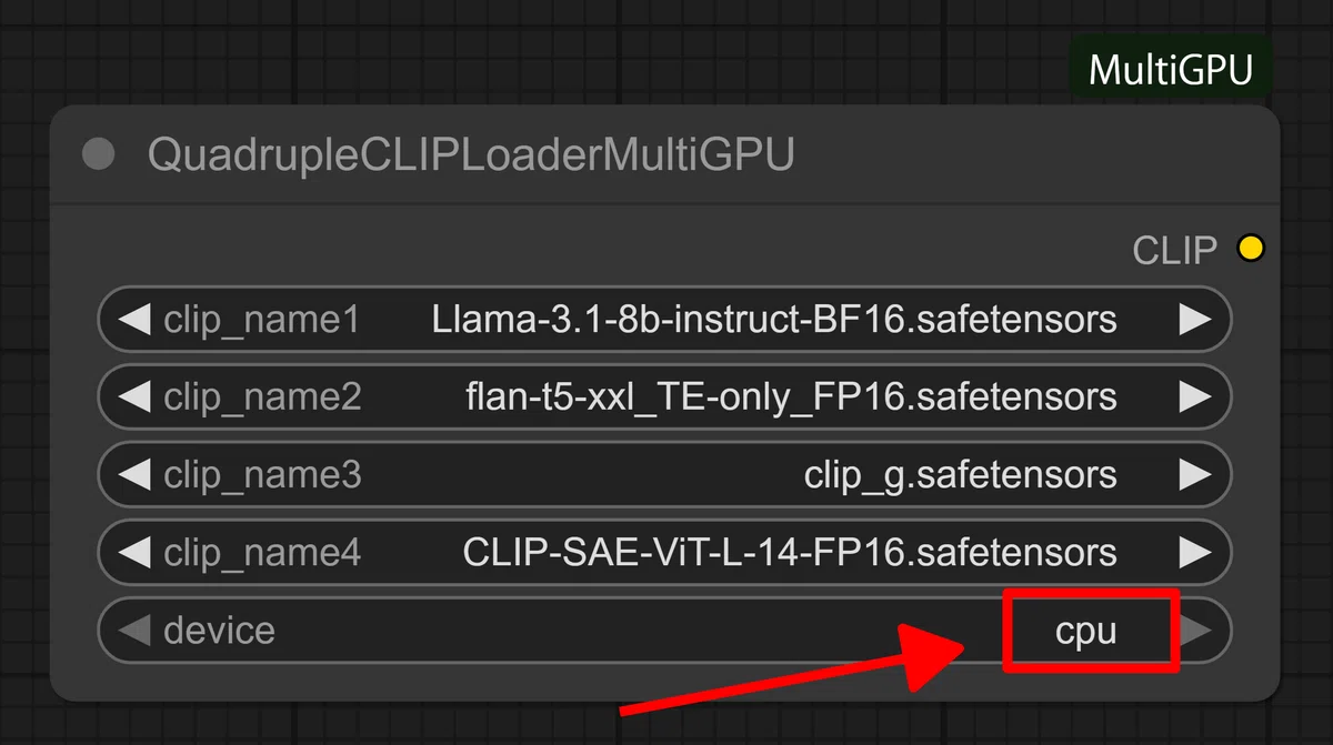 QuadrupleCLIPLoaderMultiGPUノードのスクリーンショット（deviceをcpuに設定）