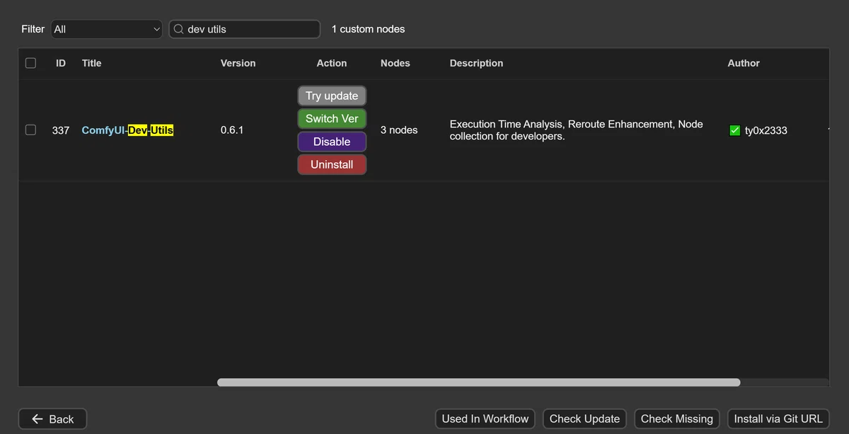 ComfyUI ManagerでComfyUI-Dev-Utilsの検索画面スクリーンショット