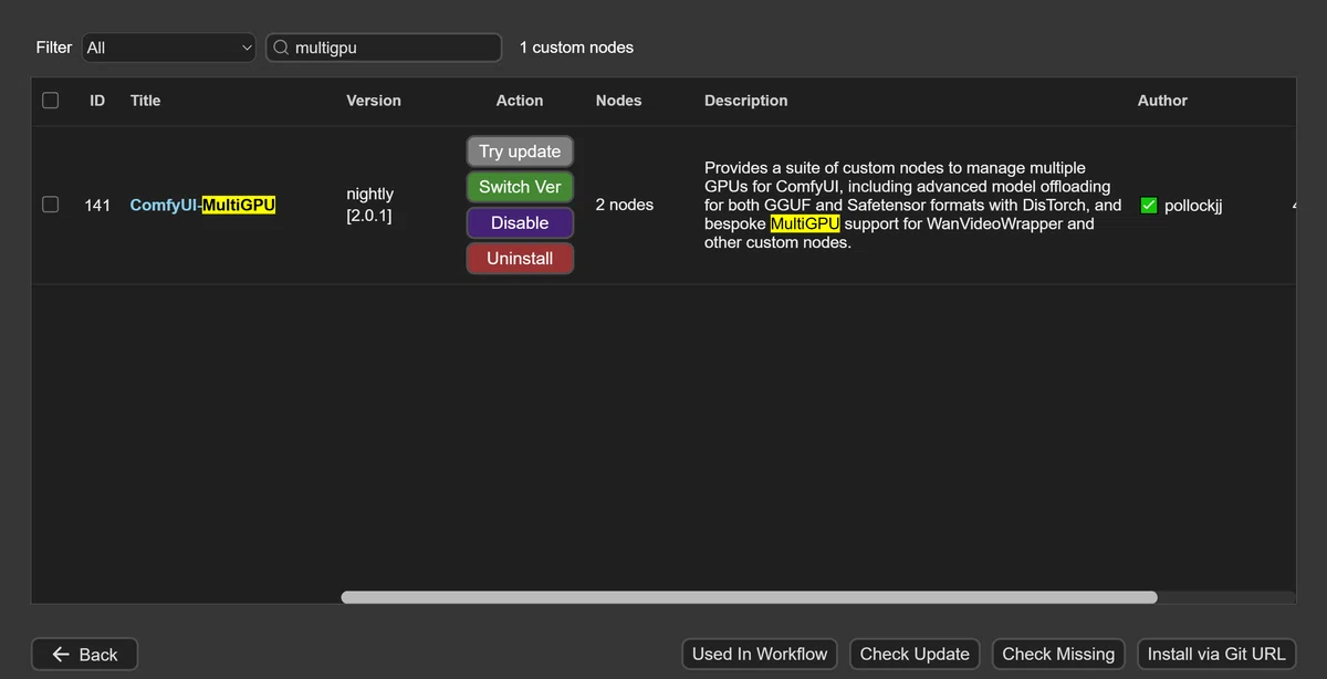 ComfyUI ManagerでComfyUI-MultiGPUの検索画面スクリーンショット