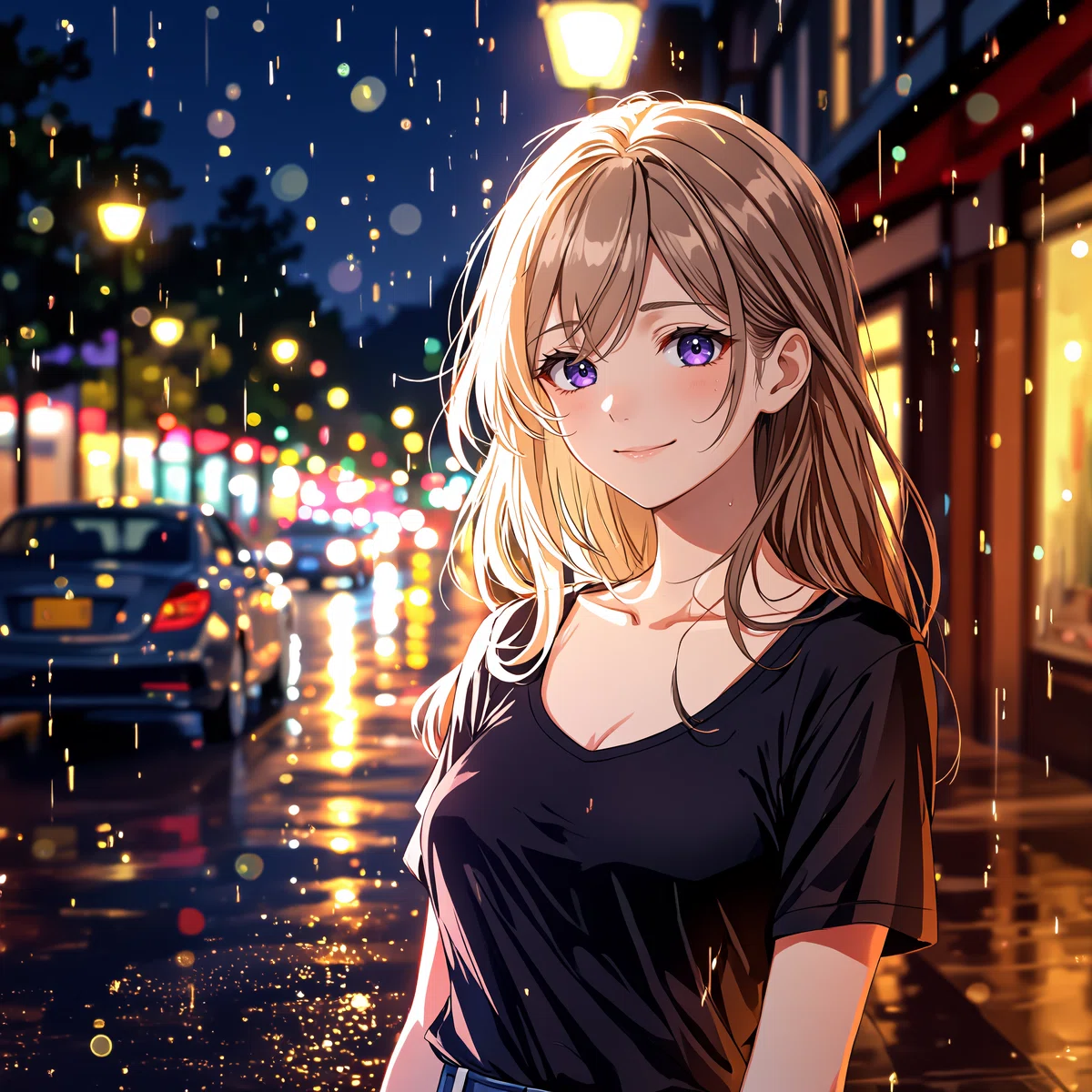 雨の路地で微笑む金髪女性のアニメイラスト（黒いTシャツ着用）
