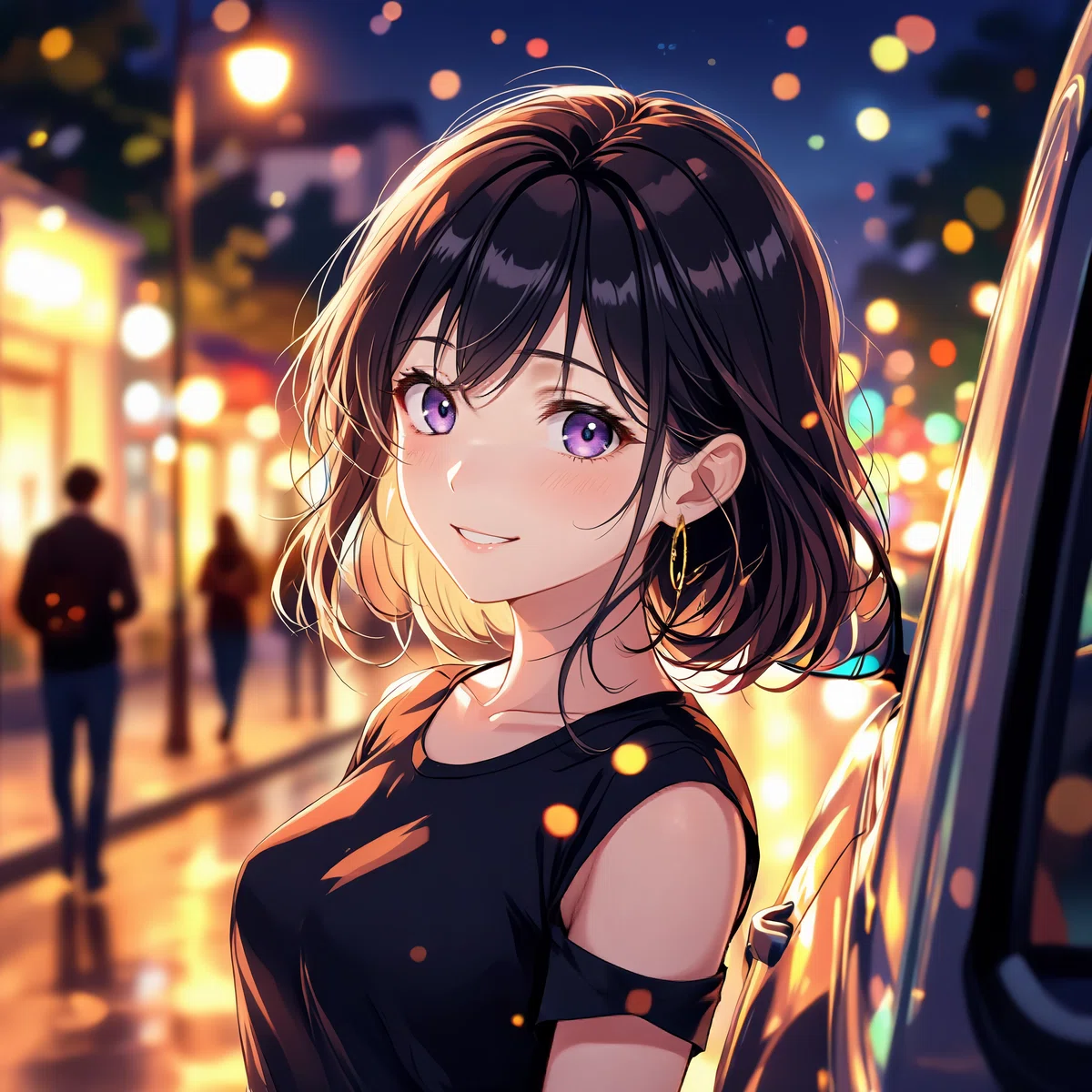 雨の路地で微笑む黒髪女性のアニメイラスト（黒いTシャツ着用）