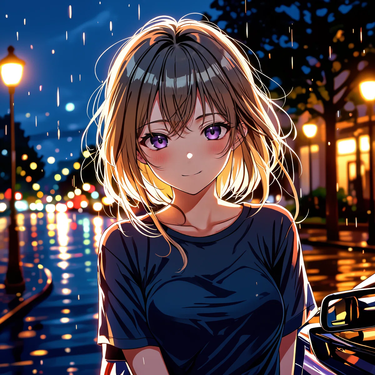 雨の路地で正面から微笑む女性のアニメイラスト（黒いTシャツ着用）