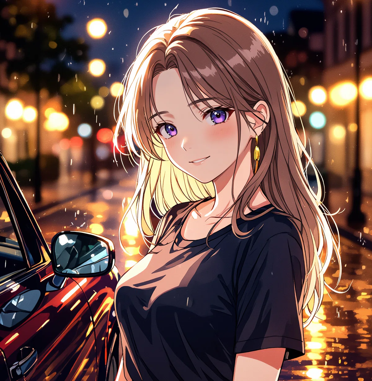 雨の夜の路地で微笑む茶髪の女性と赤いクラシックカーのアニメイラスト