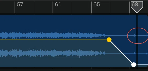 ガレージバンドの、音楽編集画面。曲の終わりで徐々に音量を下げる部分の画像