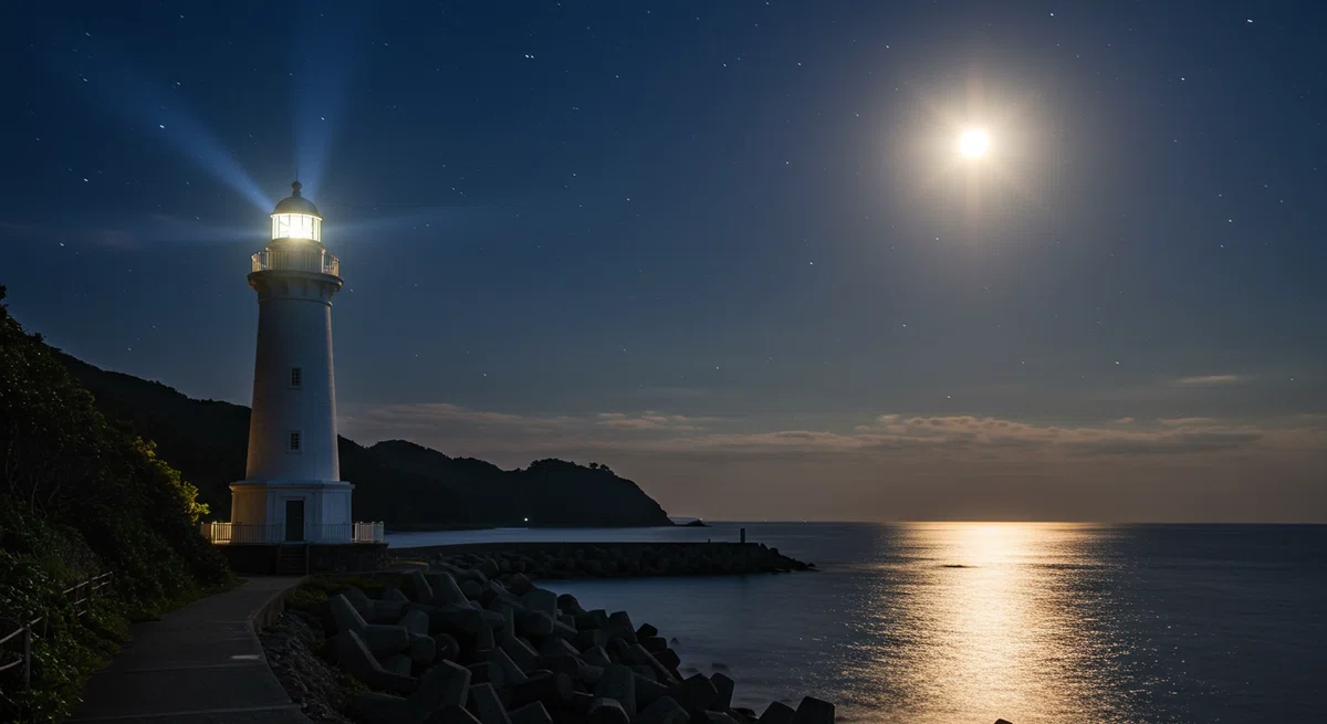 満月と灯台の光が、同じ海を照らす幻想的な夜景。
