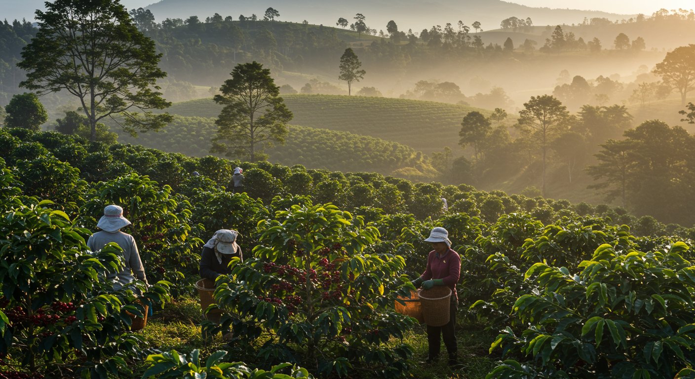 コーヒー豆を丁寧に収穫する農家の人々