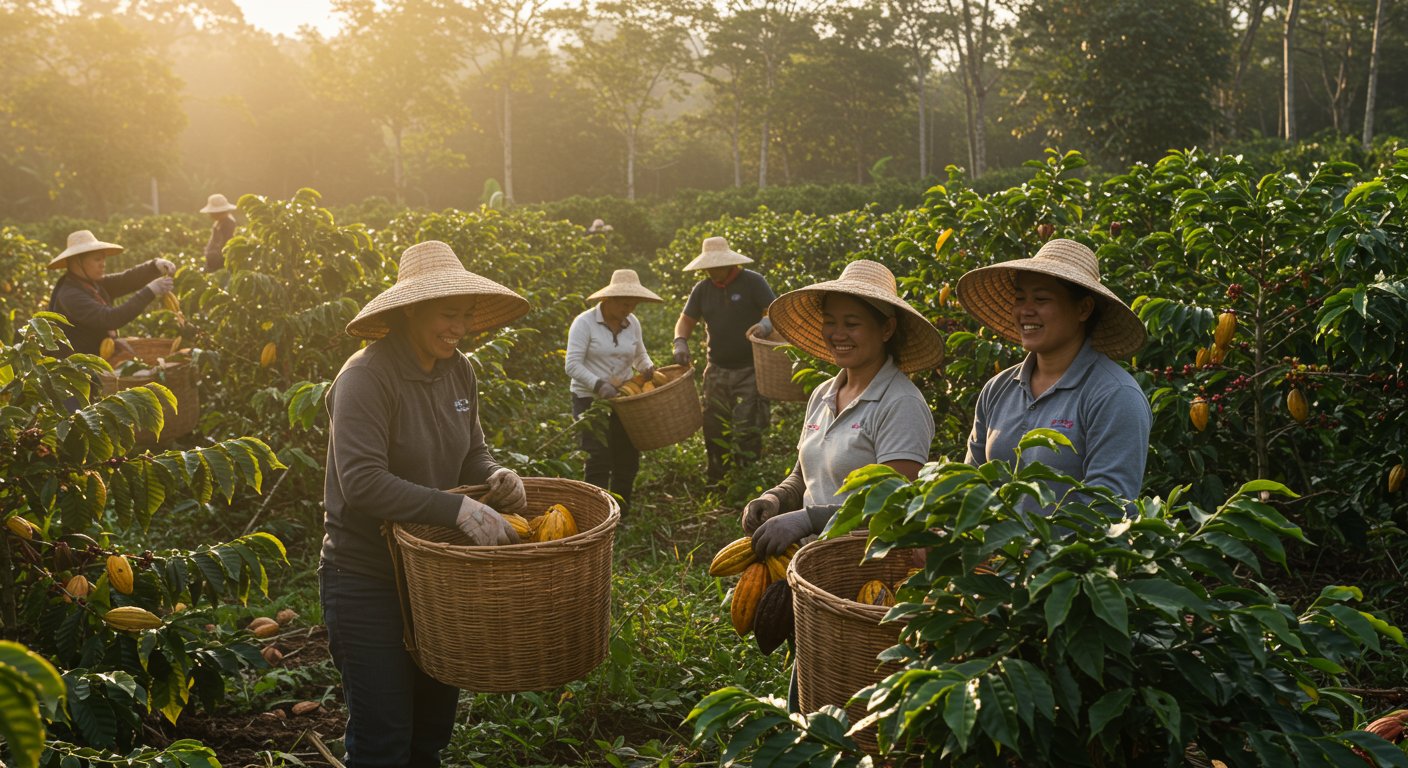 農作物を収穫する笑顔の農家の人々