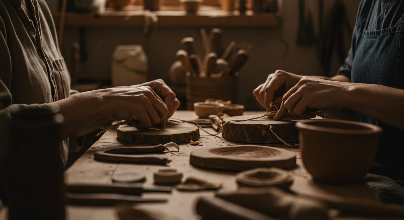 伝統的な手法で工芸品を作る職人たち