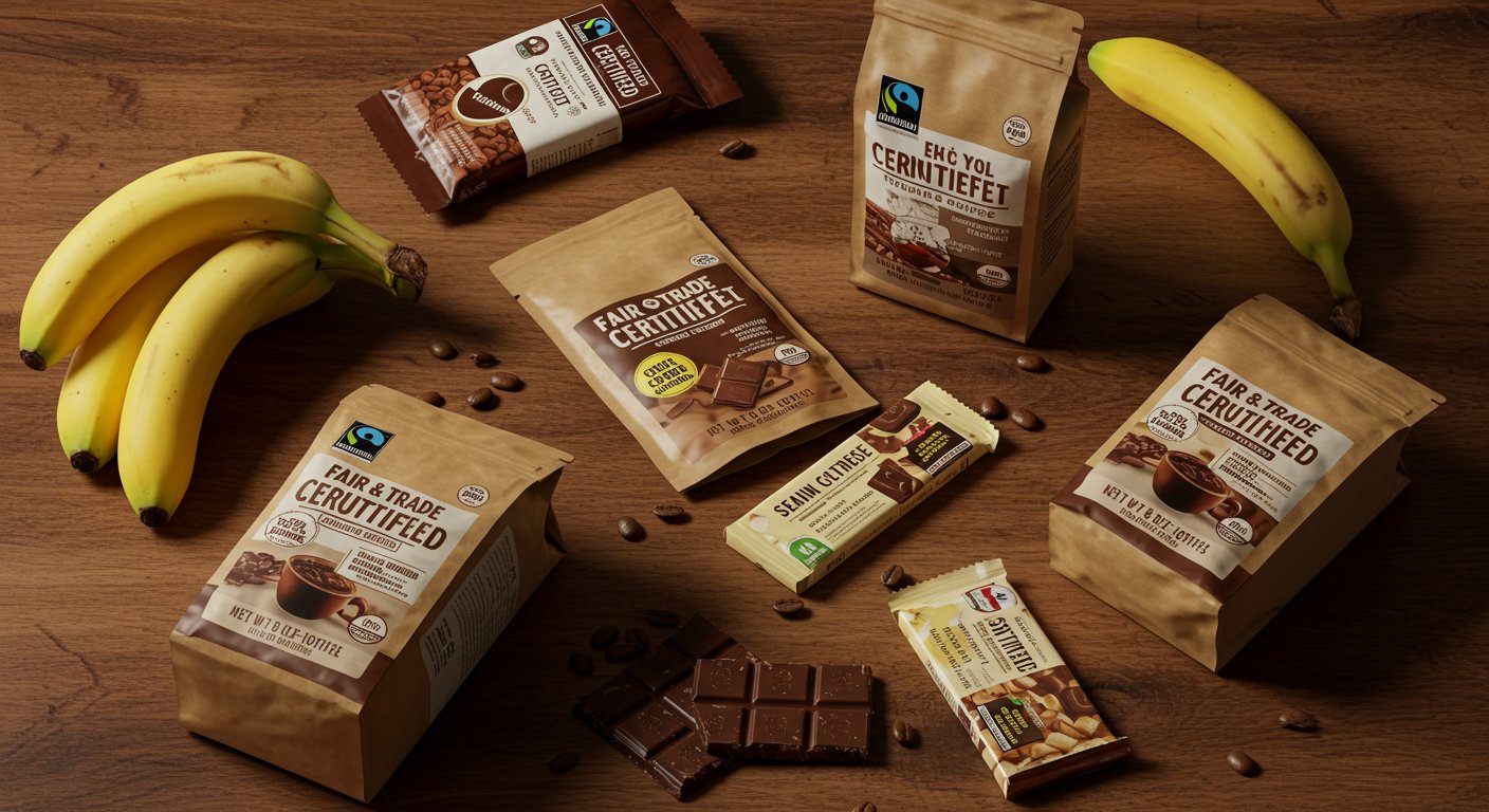 国際フェアトレード認証ラベルと認証製品の例