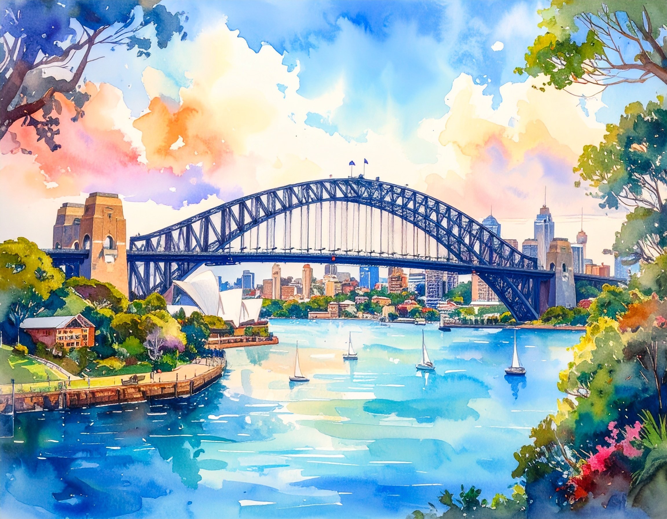 水彩画　作者不詳　橋のある風景(仮題) 額48×55絵29×35cm ￼ 水彩画 作者不詳 橋のある風景(仮題) 額48×55絵29×35cm