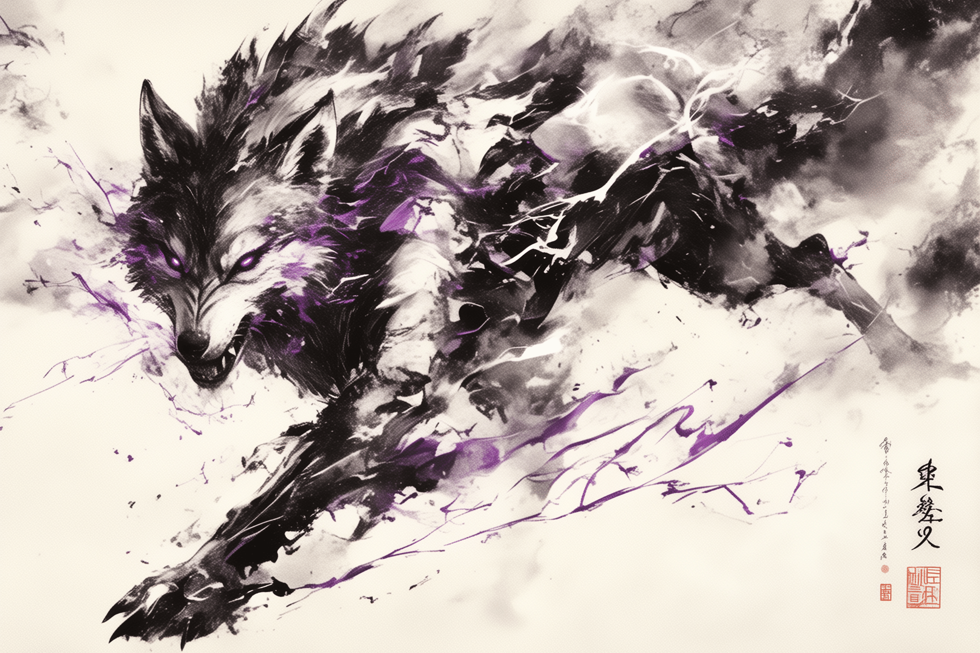 プロンプト付きAIイラストギャラリー|水墨画で描く躍動感溢れる狼 プロンプト付きAIイラストギャラリー|水墨画で描く躍動感溢れる狼