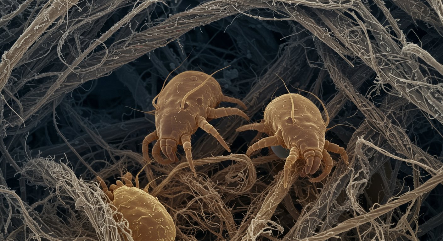 寝具に潜むダニやハウスダストの顕微鏡写真