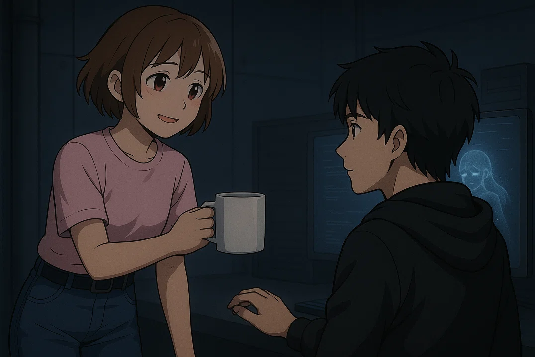 イラスト小説「コードの果て」ユナがカイトにコーヒーのマグを差し出す画像・イラスト。「コードの果て」で検索!